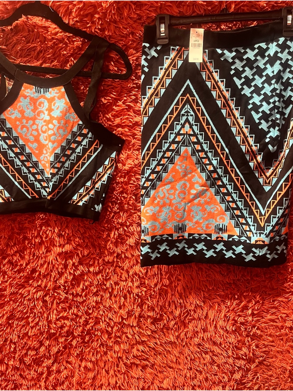 Windsor Women's Tribal Print Crop Top & Skirt Set - Black & Orange Large NWT